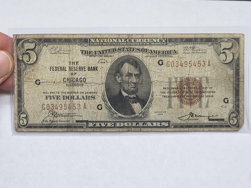 1929 $5 Federal Reserve Bank Note BROWN Seal CHICAGO National Bank New Holder