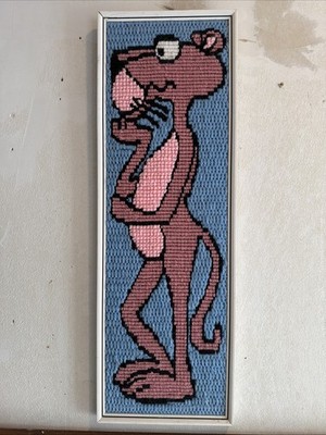 VTG Pink Panther Handmade Needlepoint Yarn Art Framed Wall Hanging Decor Cartoon