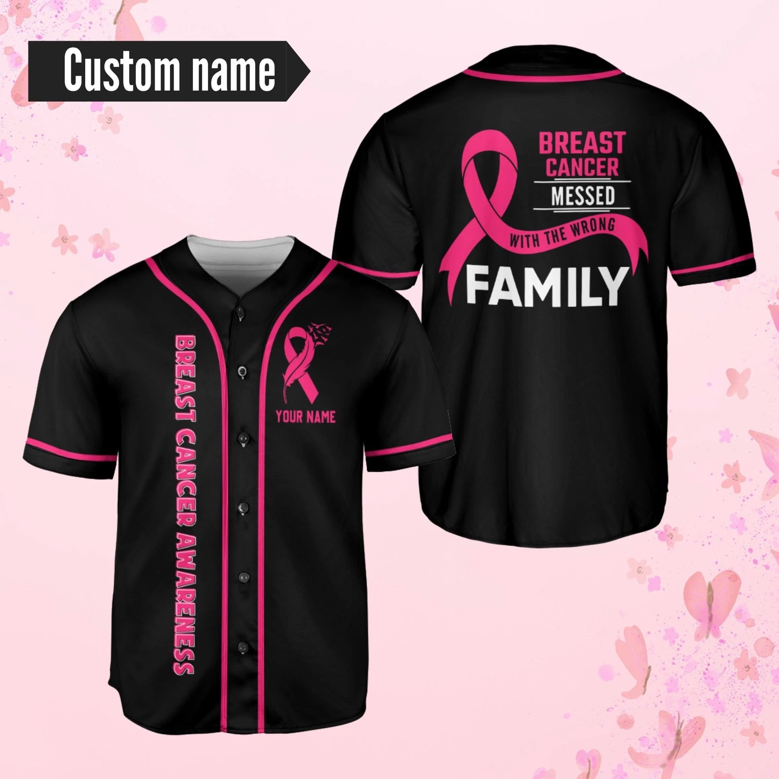 Personalized Pink Ribbon Breast Cancer Fighters Black Pink Baseball Jersey Shirt