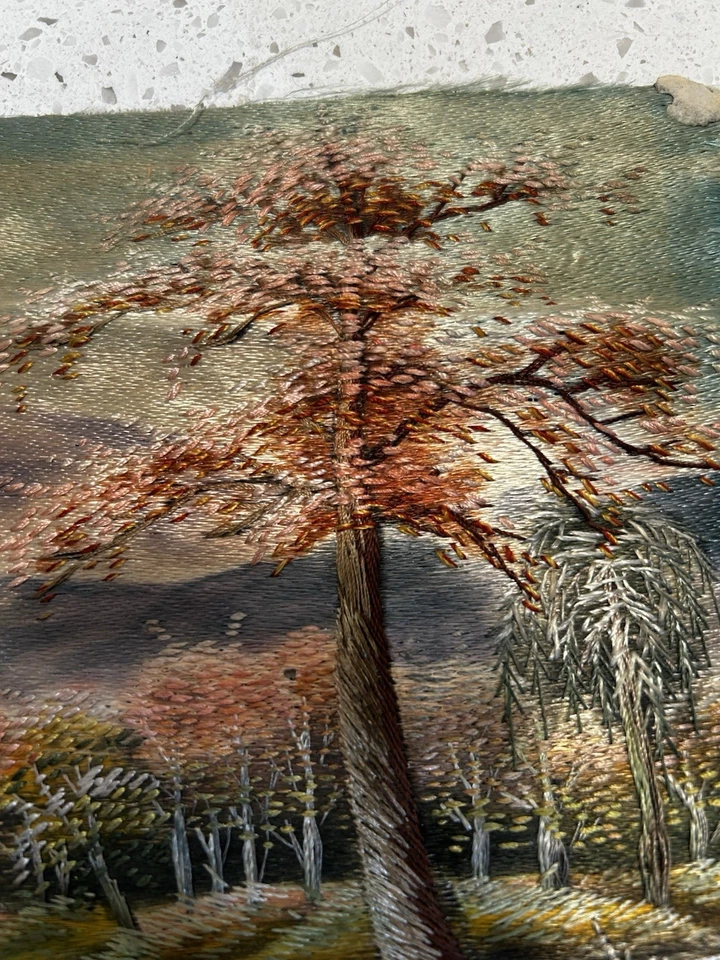 Embroidered Silk Framed Wall Art Japanese Boats Mount Fuji 12x19" Vintage Decor - Image 2 of 4