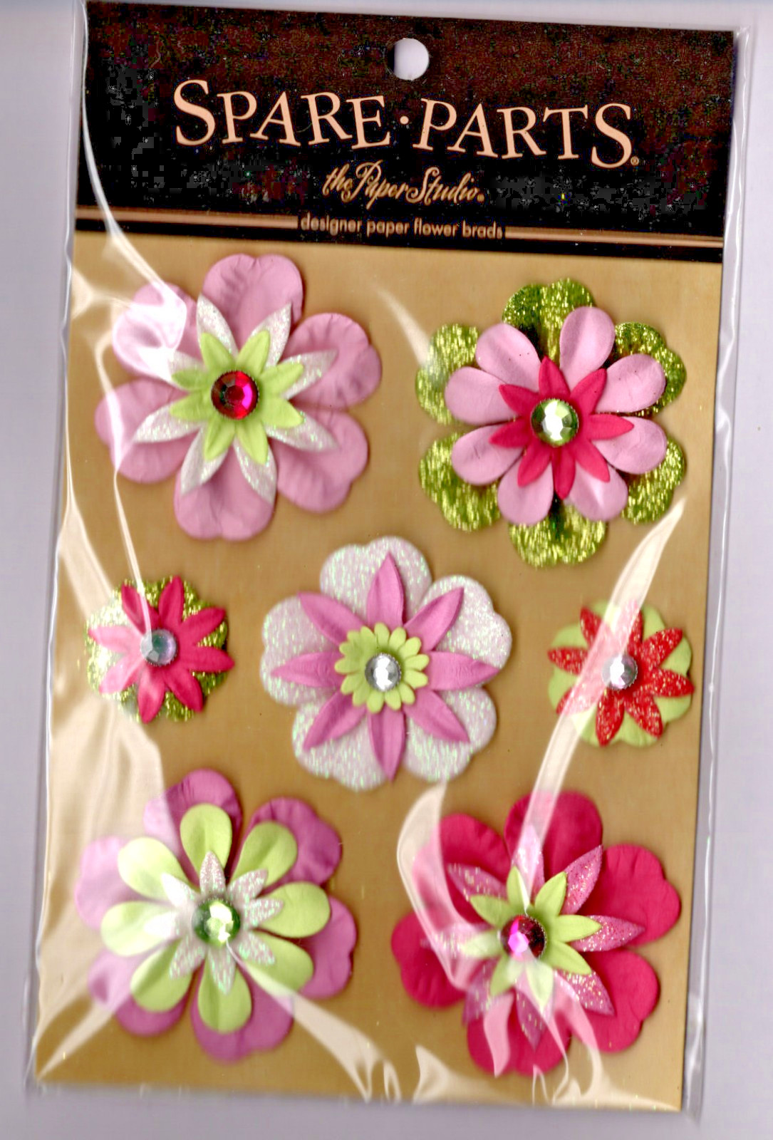 The Paper Studio GREEN/PINK PAPER FLOWER GLITTER BRADS (7PC) scrapbooking