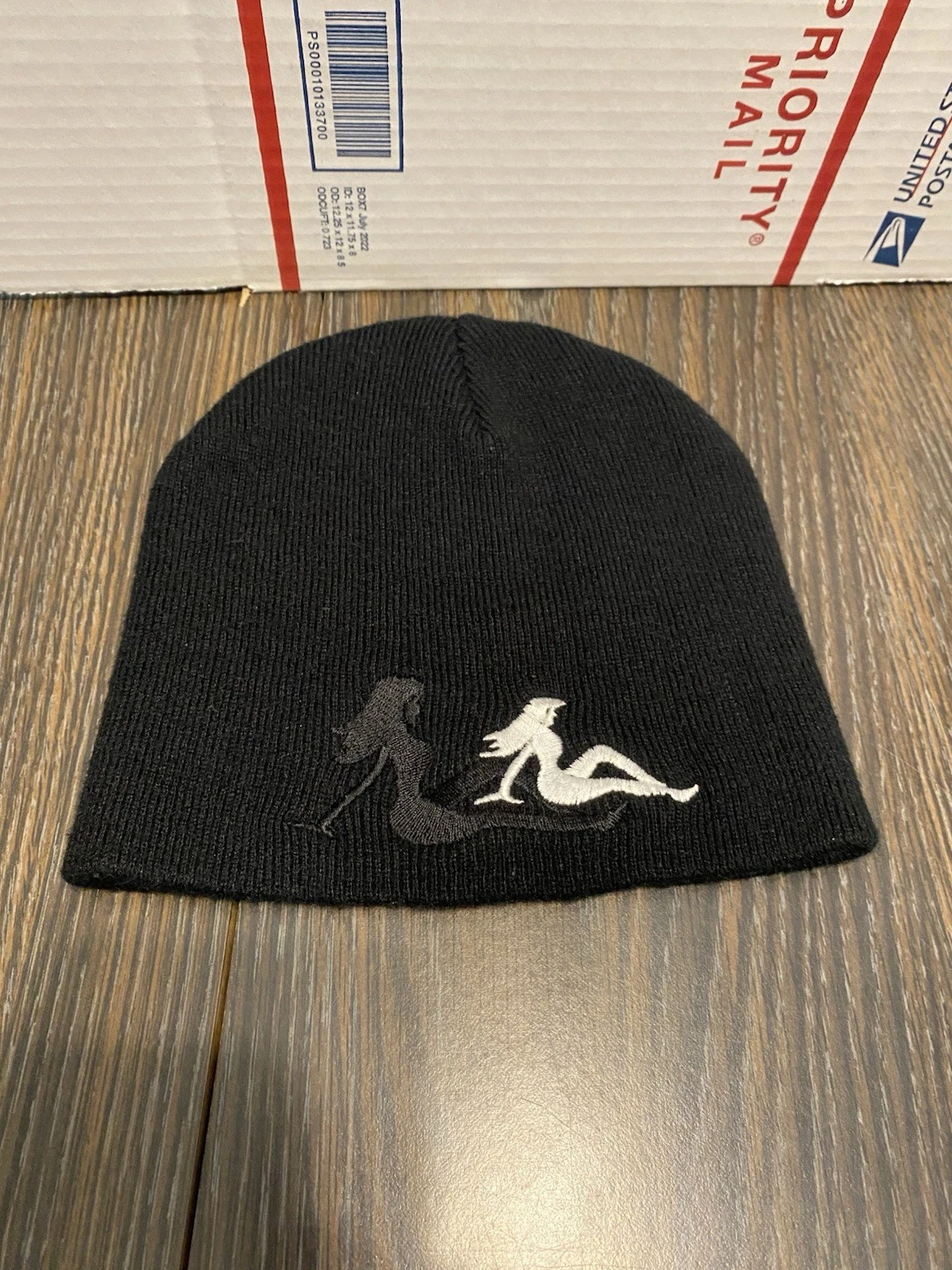 Black Biker Beanie Hat MUDFLAP Girl Embroidery stretch knit material acrylic