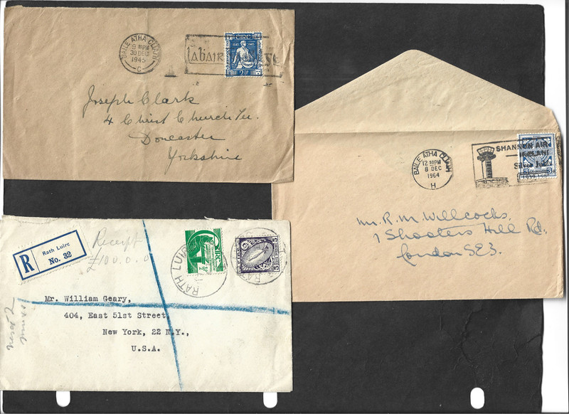 IRELAND PH- FINE LOT OF 6 COVERS AND CARDS,MOSTLY TO US,REG,CANCEL,PM,ETC
