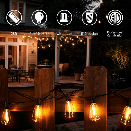 Outdoor String Lights,28Ft LED Patio Lights Outdoor Waterproof Dimmable Plug wit - Picture 6 of 12