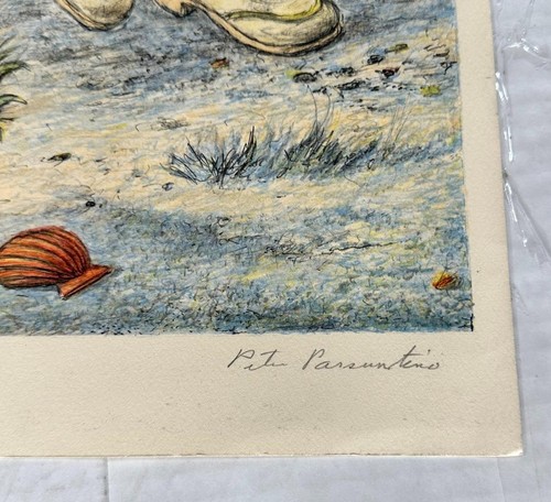 Litografía vintage surrealista firmada por Peter Passuntino dos niñas en un banco - Imagen 2 de 4