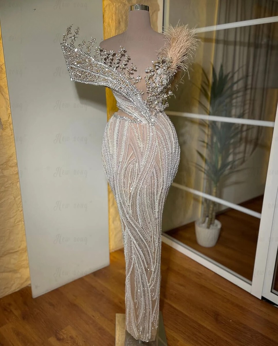 Sheer Neck Light Champagne Party Dress Gala Pageant Dresses Feather Sheath  Dress | eBay