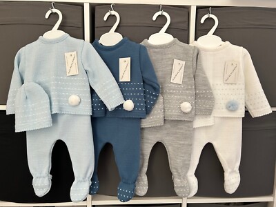 NEWBORN BABY BOY SPANISH KNITTED OUTFIT BOYS BLUE WHITE BOXED PRAM GIFT SET 