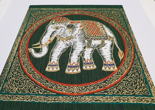 Green Thai Silk White Elephant Art Poster Printing Painting Asian Home Decor - Picture 5 of 5