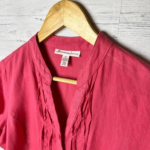JM Collection Blouse Womens Size 12P Coral V Neck Button Down 100% Linen Spring - Picture 8 of 15