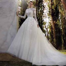 A Line Wedding Dresses Appliques Lace Bride Gowns Modern High Neck Long Sleeve