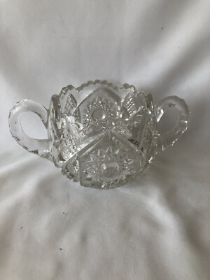 Sugar Bowl Clear Cut Glass Scalloped Sawtooth Double Handle