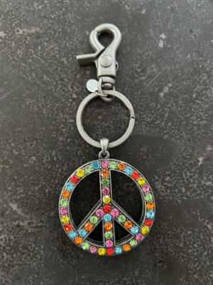 Peace Sign Key Ring Signed KOREA G&S Multicolor Rhinestones Peace Sign with Key Ring Clasp ...