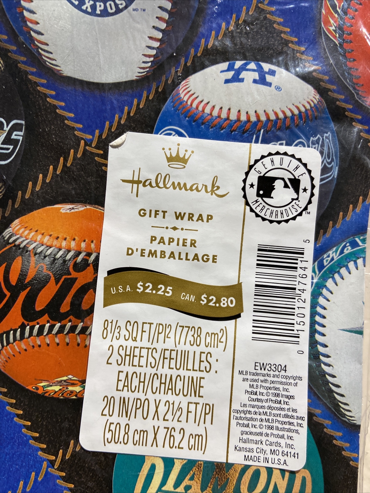 Vintage 1998 MLB Baseball Gift Wrap Wrapping Paper Hallmark Open