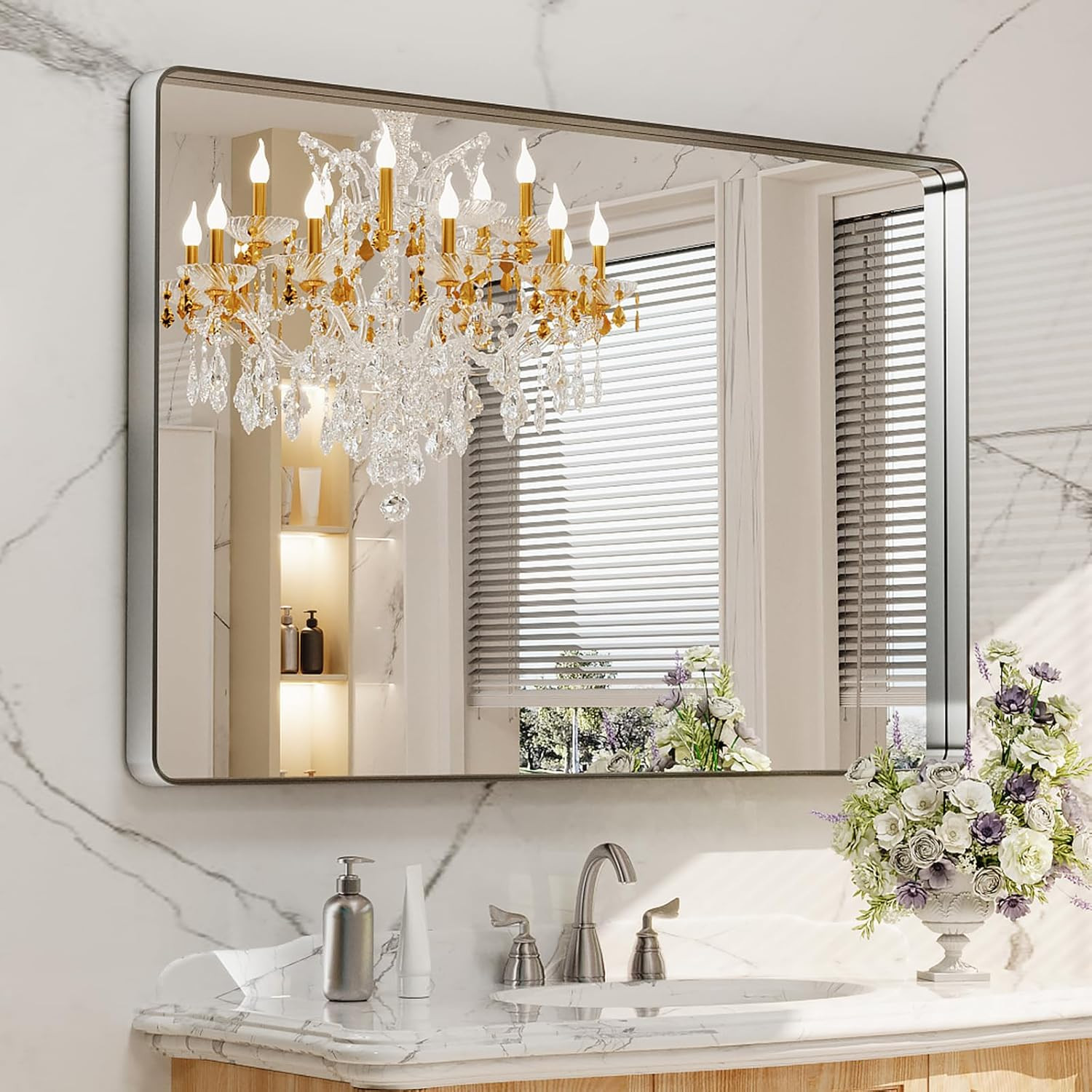 Bathroom Mirror, Rounded Rectangle Silver Metal Frame