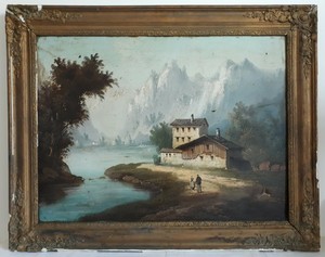 Tableau huile sur toile paysage lacustre montagnes chalet XIXème 19ème