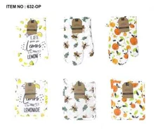 Fruit Printed Oven Mitt And Potholder Set Lemon Orange Bees Kithen Hot Plate New