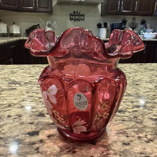 Fenton Hand Painted Ruffled Cranberry Glass 4.75" Vase signed