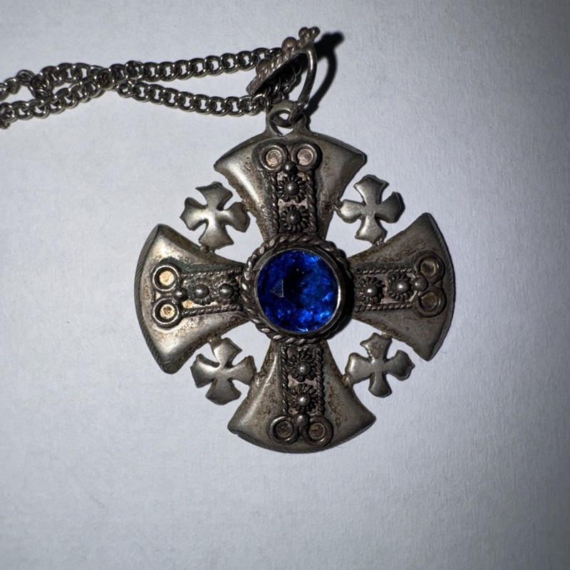 Vintage Silver Jerusalem Cross Blue Art Glass Metal Stamped 950 Jerusalem 
