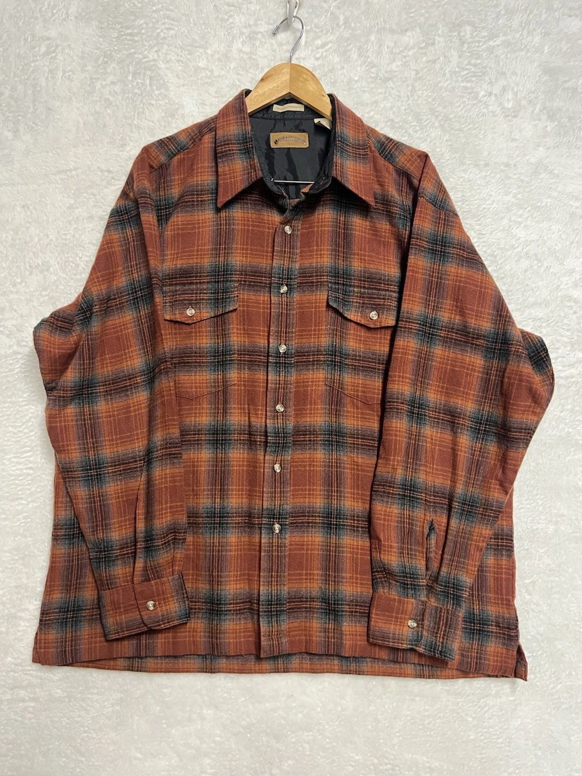 Field & Stream Mens XL Plaid Flannel Shirt Orange Black Button Front Outdoor