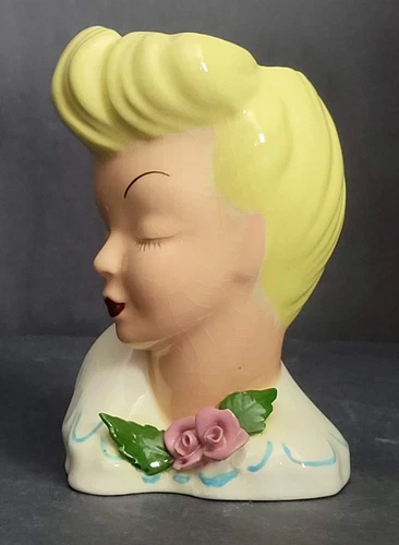Vintage Lady Head Vase–Mid-Century Ceramic Planter with Yellow Hair & Pink Roses