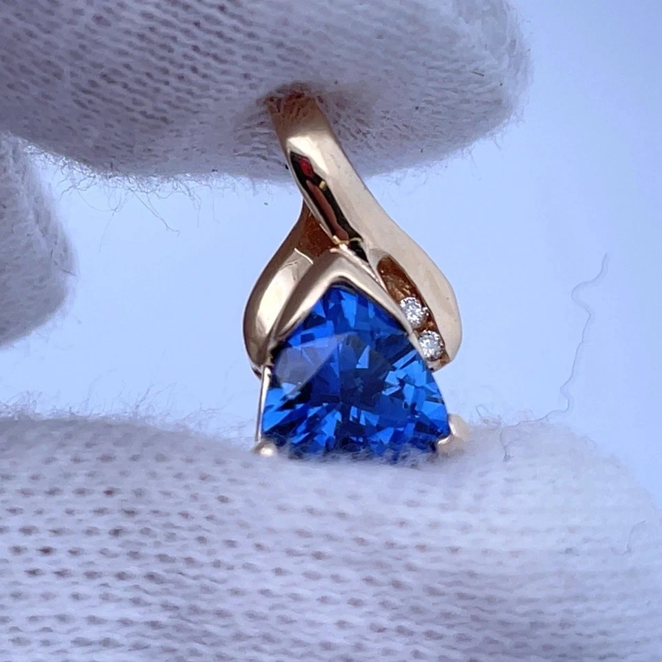14K Gold Trillion Blue Gem Pendant with Diamond Accents – Estate Jewelry - Image 4 of 4