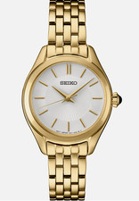 Seiko Essentials White Sunburst Dial Gold Tone Steel Women's SUR538 Watch Simple