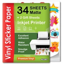 34 Sheets Premium Vinyl Sticker Paper for Inkjet Printers - Matte White