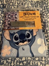 Disney Stitch 13 PC Shower Curtain Set 72 In X 72 In - 12 Metal Roller Hooks