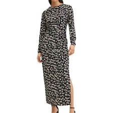 Mango Typographic Print Maxi Dress Womens 4 Black Cream NWT Long Sleeve Ruched
