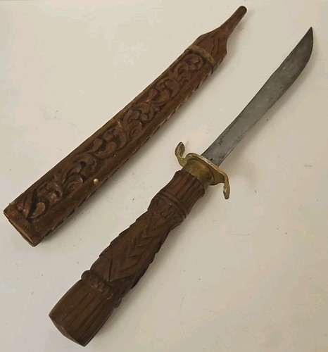 Vintage Thai Dha Sword w' Carved Teak Scabbards V78