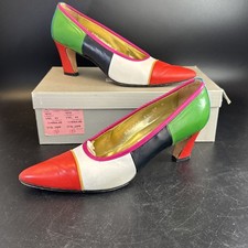 Vintage Pancaldi Colorblock Leather Pumps Italy 8.5 AA Narrow Red Green Mod Heel