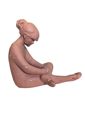 Handmade Sculpture Girl Sitting Head Down Plaster Terra Cotta Painted Rustic