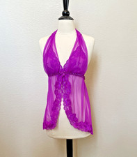 NOS Fredericks of Hollywood Purple Babydoll Lingerie 2 Piece Halter Lace Small
