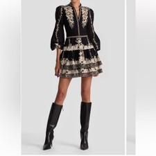 NEW Alice + Olivia Valencia Floral Tiered Long Sleeve Cotton Mini Dress Black 8