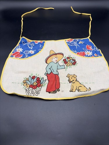 Vintage 50's Style Clothespin Half Apron Hand Embroidered Sombrero Flowers & Dog