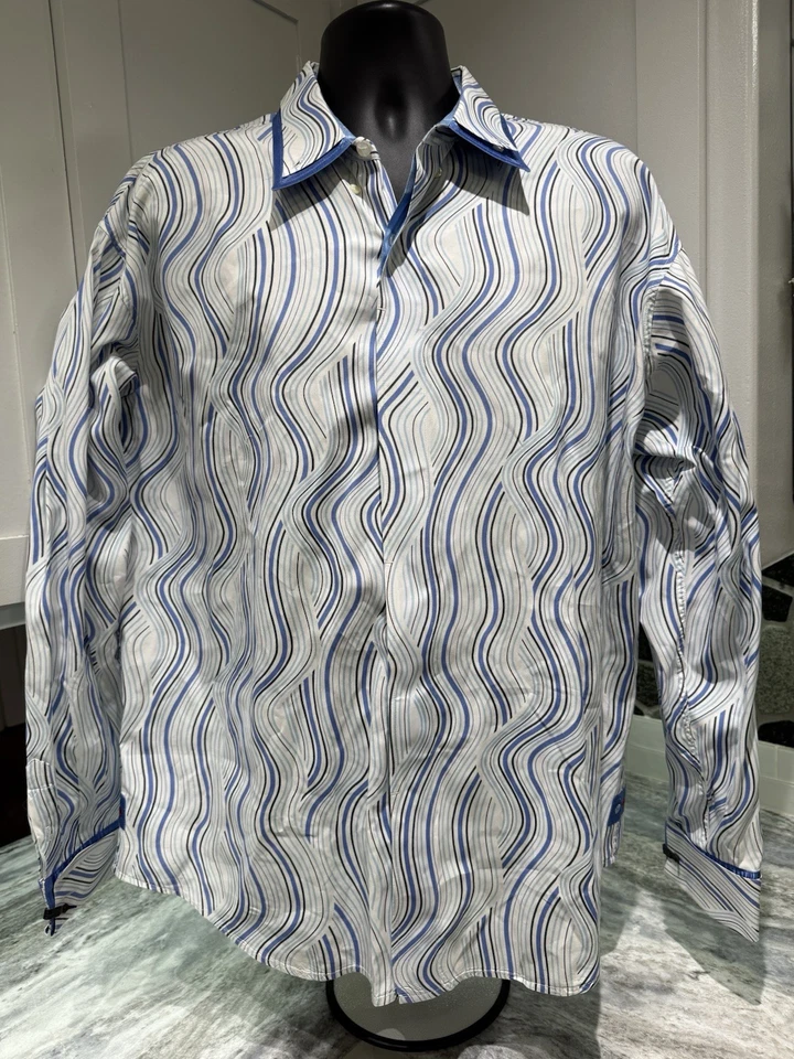COOGI  Shirt Men 2XL Blue White Striped Button-Down Long Sleeve EUC - Image 2 of 4