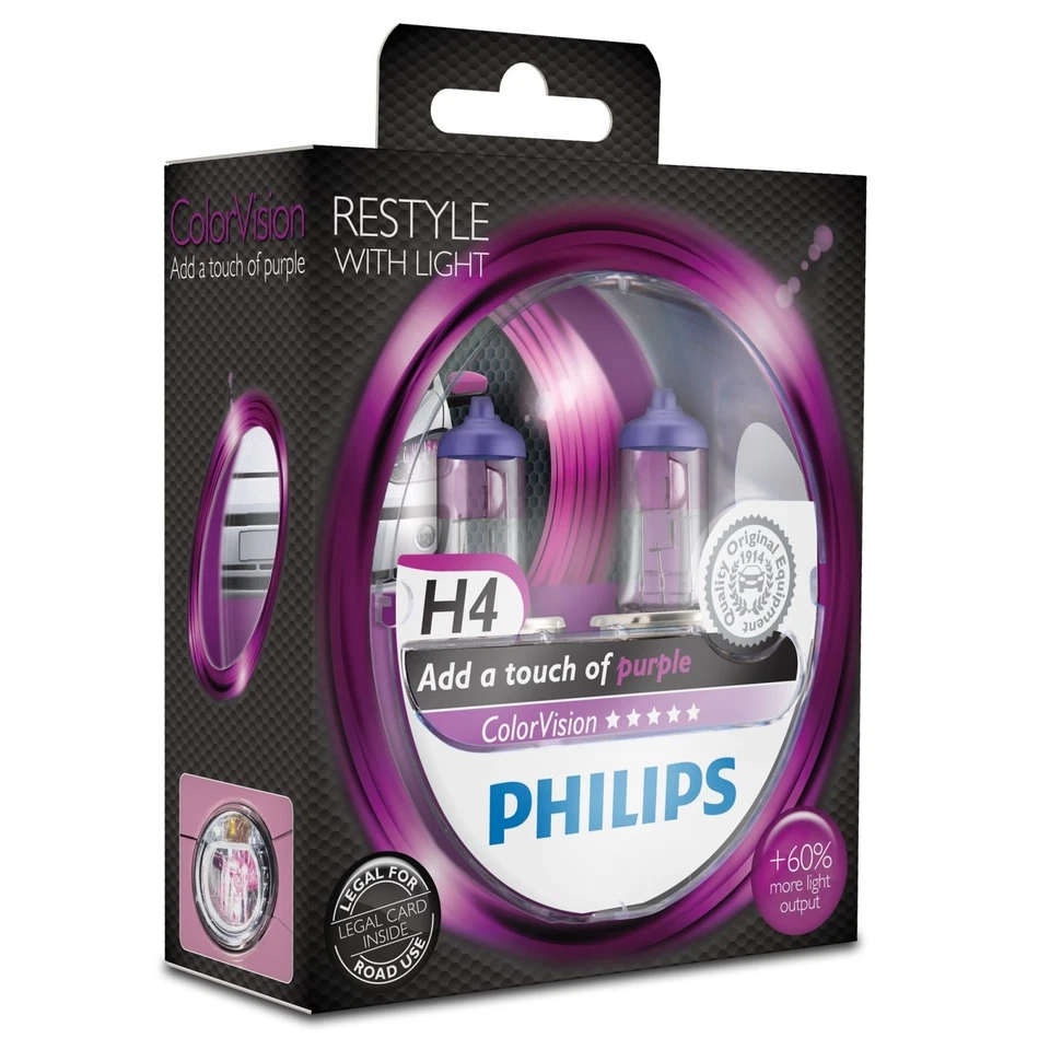 Philips 2x H4 60/55W Color-Vision Purple Halogen-Birnen Scheinwerfer-Lampen Lila - Bild 1 von 1