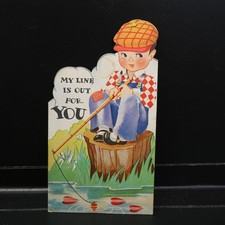 Vtg Valentine Day Card Boy Fishing Line Carrington Co Ephemera Craft Valentine's