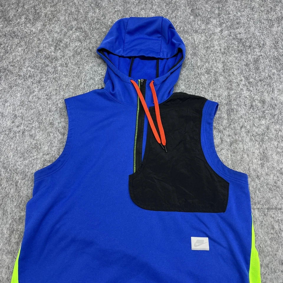 Nike Dri-Fit Hooded Sleeveless Vest Large Blue Black Neon Zip Pocket Performance - Image 4 of 4
