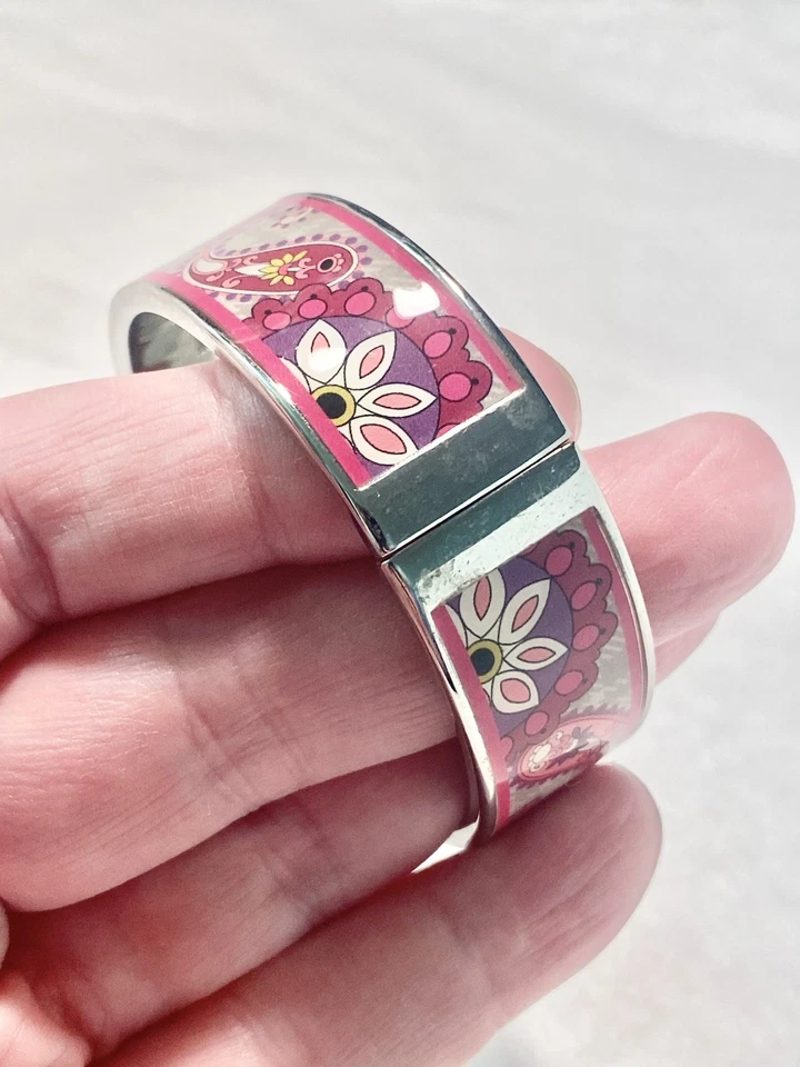 Vera Bradley Silver Tone Paisley Pattern Pink Enamel Bangle Bracelet Clamp 7.25” - Image 2 of 4