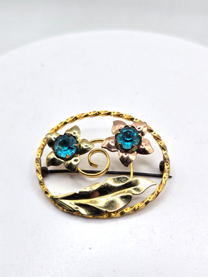 RARE Vintage Cellini Craft 12K Gold Filled Brooch Blue Rhinestone Flowers Signed