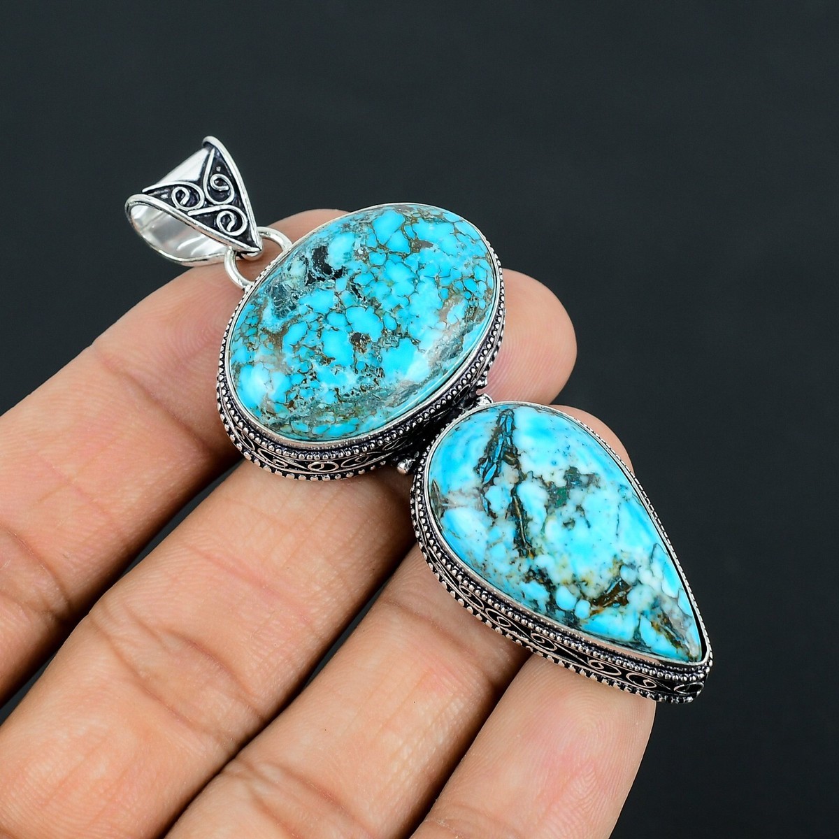 Tibetan Turquoise Gemstone Handmade 925 Sterling Silver Jewelry Pendant