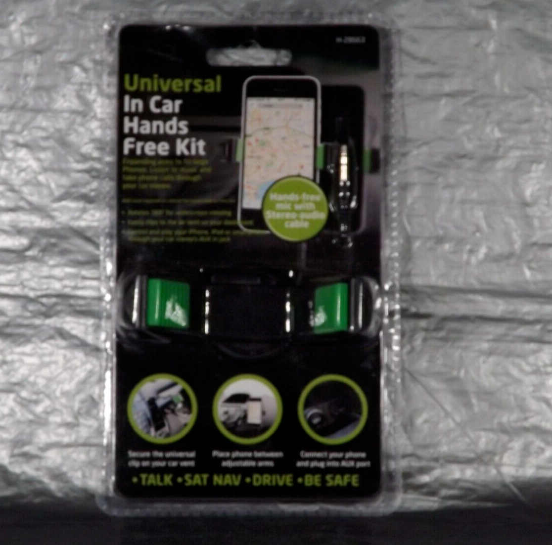 Universal In Car Hands Free Kit With Audio Cable Expanding Black Grips Sealed