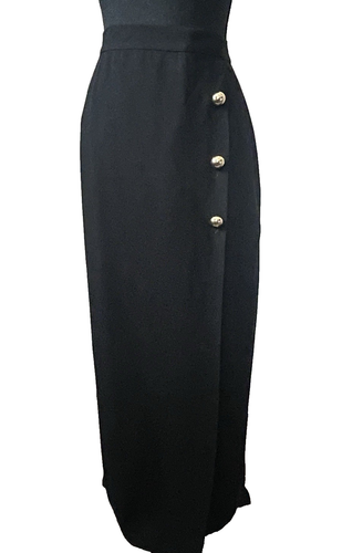 Women's Black Long Pencil Skirt Large Gold Side Buttons Thigh-High Slit RT$180