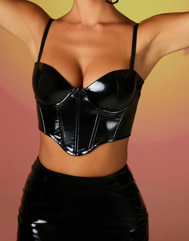 BRAND NWOT!!! OH POLLY Black Shiny Faux Leather Plastic Vinyl Bra Top And  Skirt