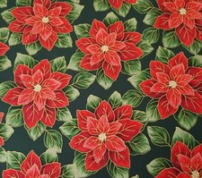 Yuletide Poinsettia Print BTY VIP Christmas Red Floral on Hunter Green