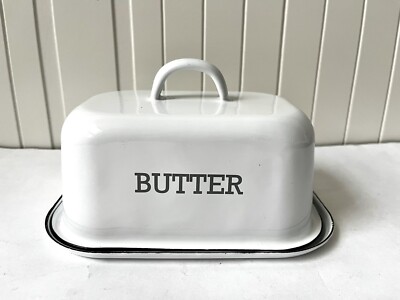 Retro White Enamel Butter Dish w/Lid Kitchen Storage Serving Bowl