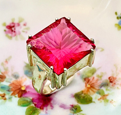 Radiant Cut Neon Pink Ruby Ring Sterling Silver Statement Huge Stone Siz 7.5