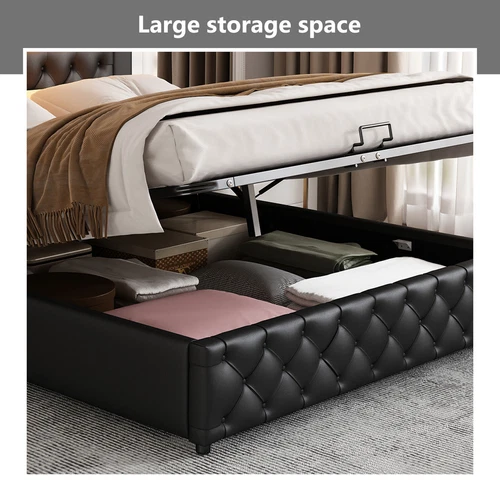 LED Light Functional Upholstered Bed with Slatted Frame and Storage Space - Picture 10 of 26