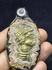 Ancient Roman Glass Pendant With King Brass Engraved Faces